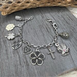 Handmade Silver Tone Charm Bracelet with Floral and Cross Accents